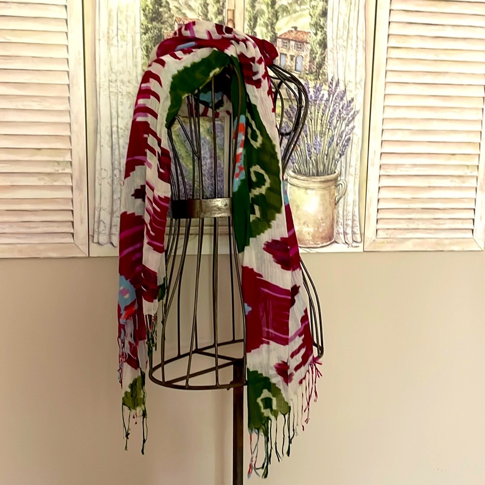 Lightweight Gauzy Fringed Colorful Scarf/Wrap by Hummingbird